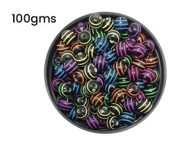 Cuentas plasticas bolitas negras lineas multicolor 